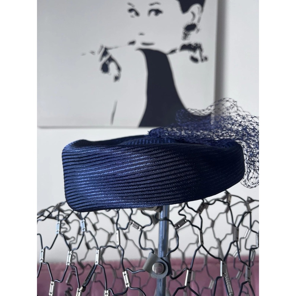 Vintage Navy‎ Blue Pillbox Hat with Veil Textured Ribbed Mid Century 1960s Style